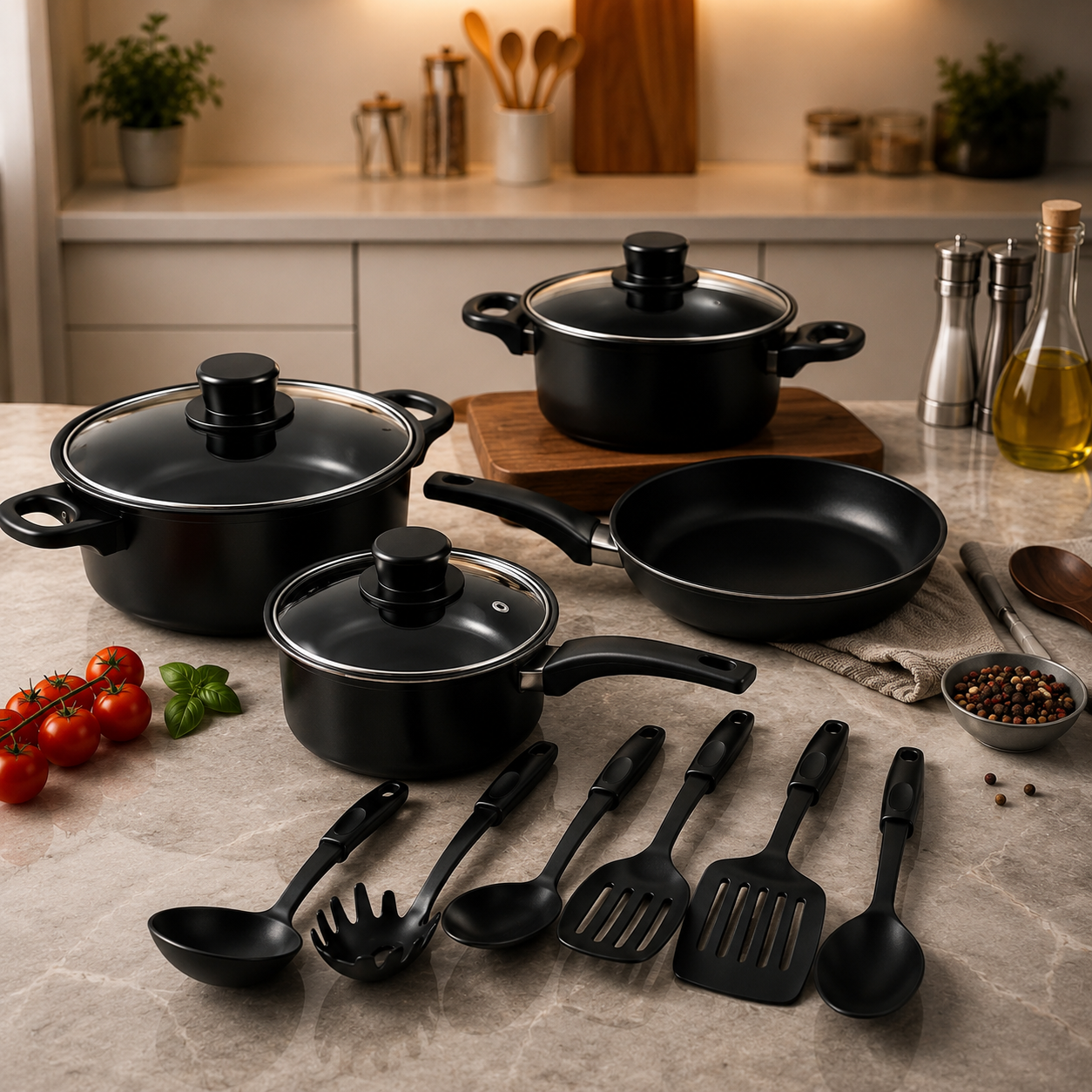 Set de cocina: 4 ollas con tapa antisalpicadura y 6 utensilios antiadherentes! fpbm2